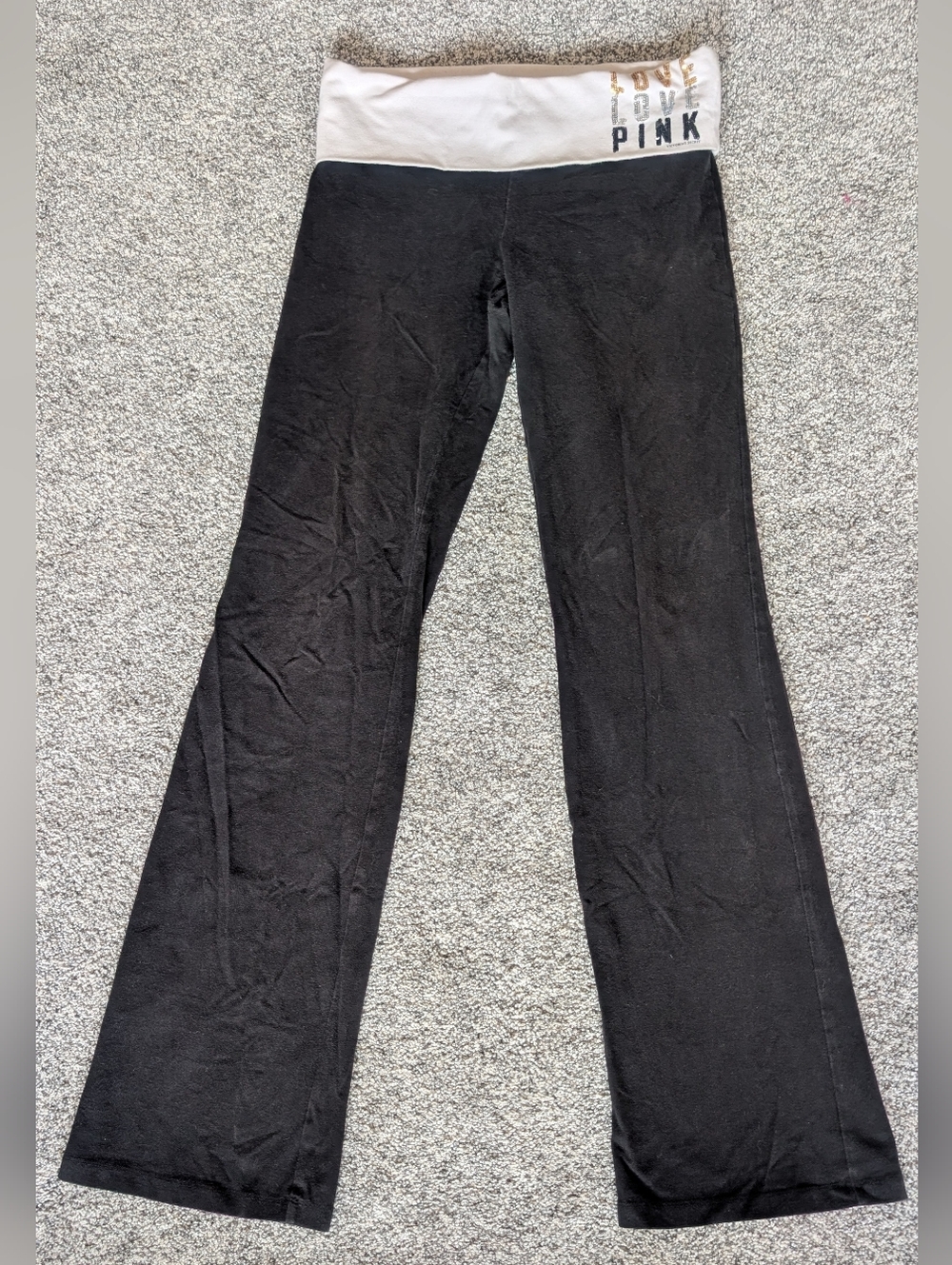 VTG Y2K Victorias Secret White Black Fold Over Yoga Pants Sequins Size S Flared